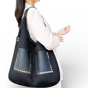 Stylish Large Black Tote Hobo Bag with rivets
